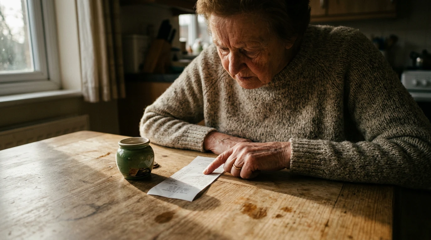 A woman's hand pointing at an item on a grocery receipt on a wooden table, next to a nearly empty coin jar, illustrating the impact of economic trends on household budgets.