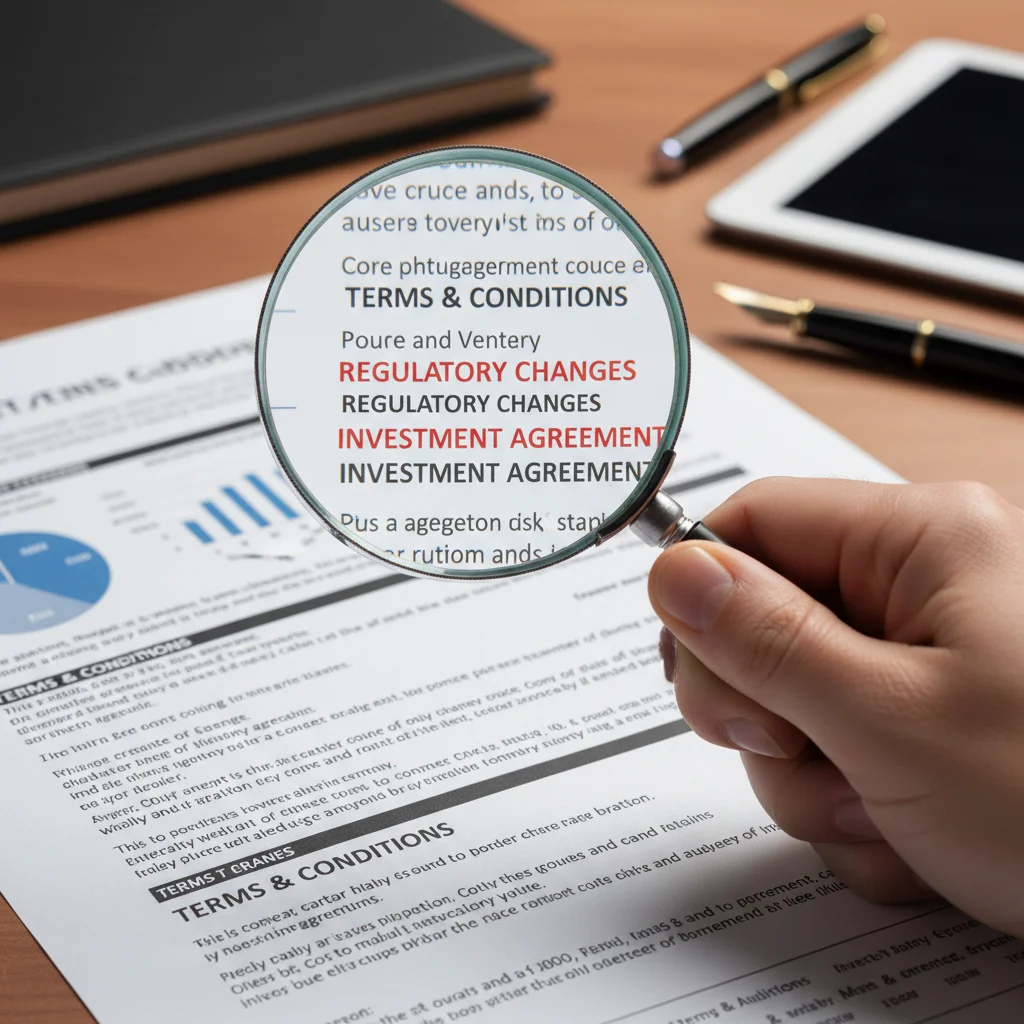 Magnifying glass over financial document highlighting fine print for risk assessment