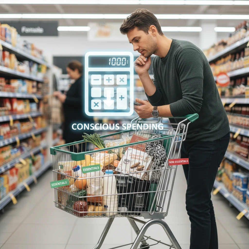 Mindful consumer categorizing shopping cart items for essentials and non-essentials