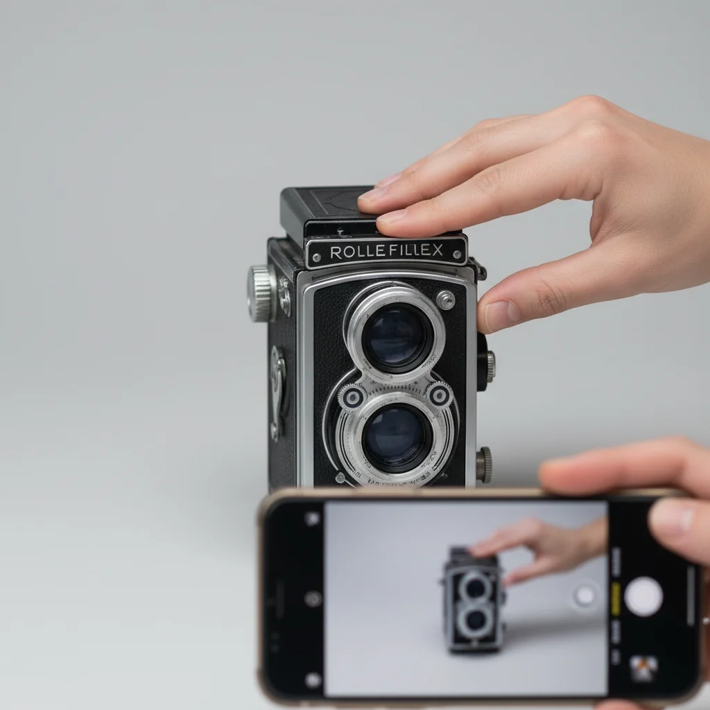 Person photographing a vintage camera for online sale.