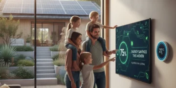 Smart home technology and solar panels reducing utility costs in a modern house.