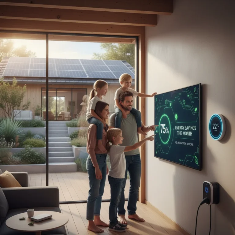 Smart home technology and solar panels reducing utility costs in a modern house.
