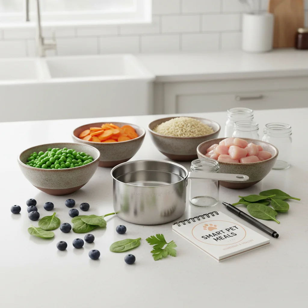 Healthy pet food ingredients on a kitchen counter, emphasizing smart food choices.