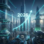 Futuristic cityscape with AI and automation driving economic growth in 2026