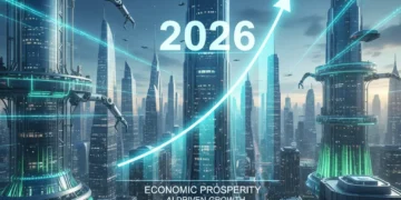 Futuristic cityscape with AI and automation driving economic growth in 2026
