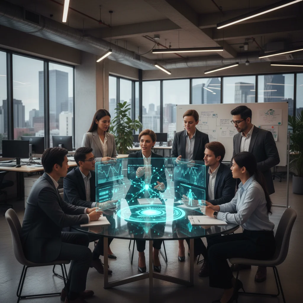 Professionals analyzing AI data models in a collaborative office environment
