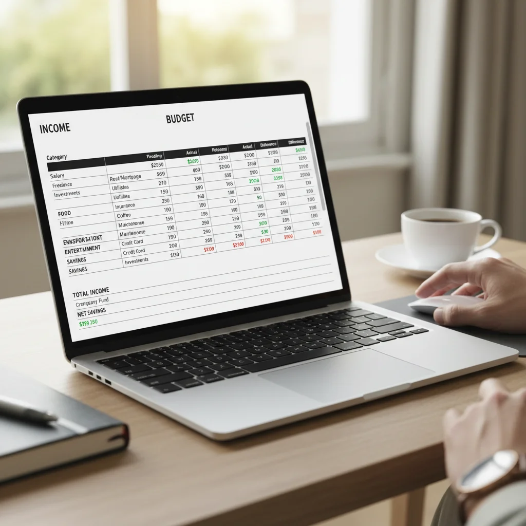Detailed budget spreadsheet on a laptop, showing categories for smart spending habits.