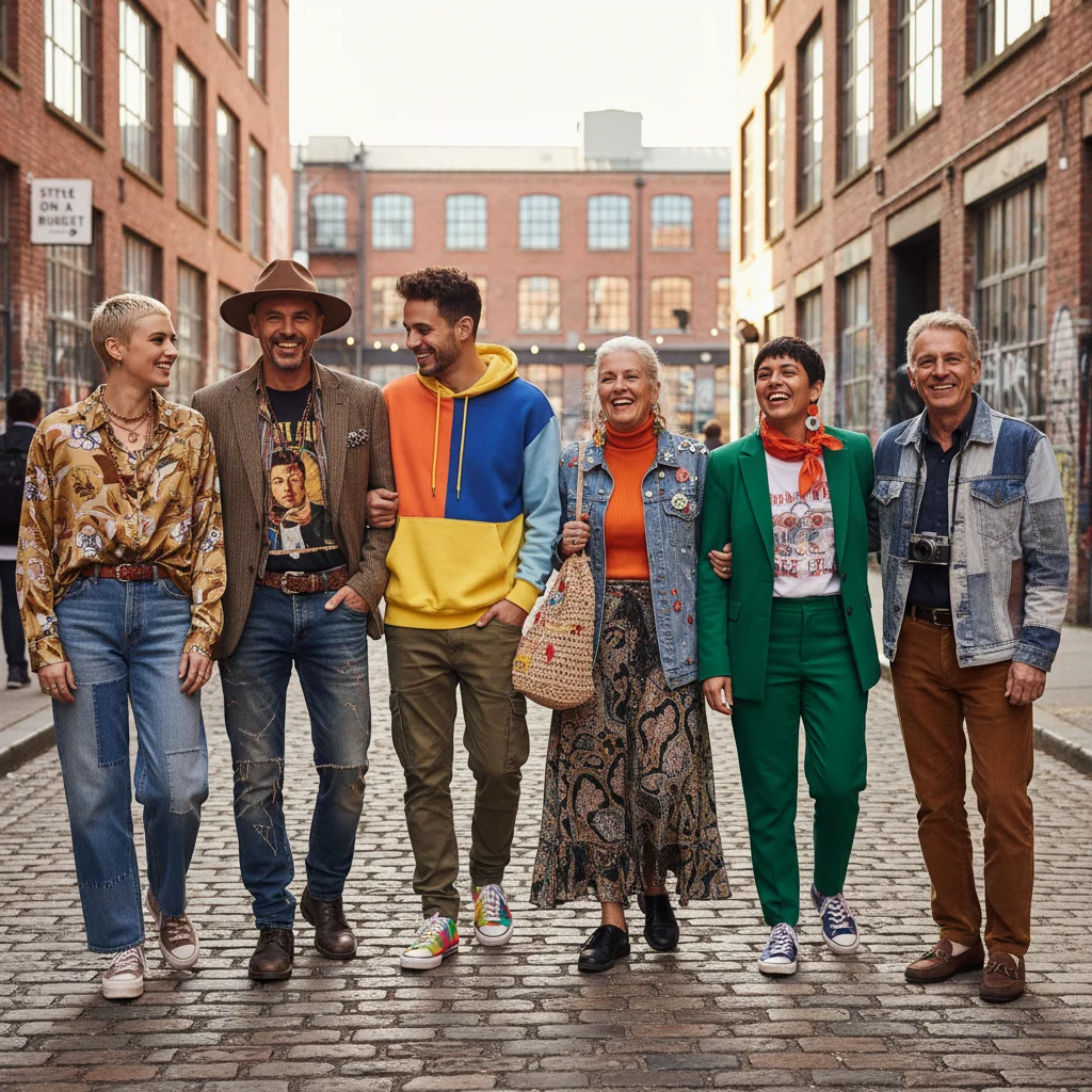 Diverse group of friends displaying their unique budget-friendly outfits