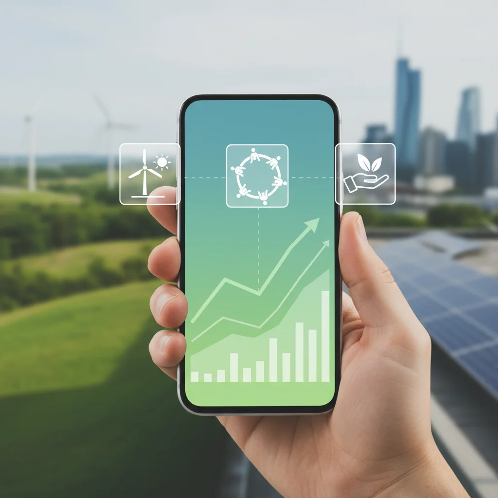 Smartphone displaying stock market trends with ESG investment icons