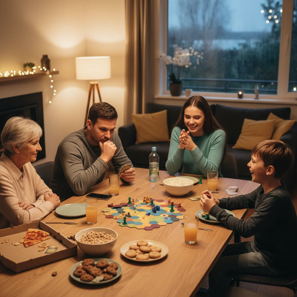 Family playing a classic board game together at home.