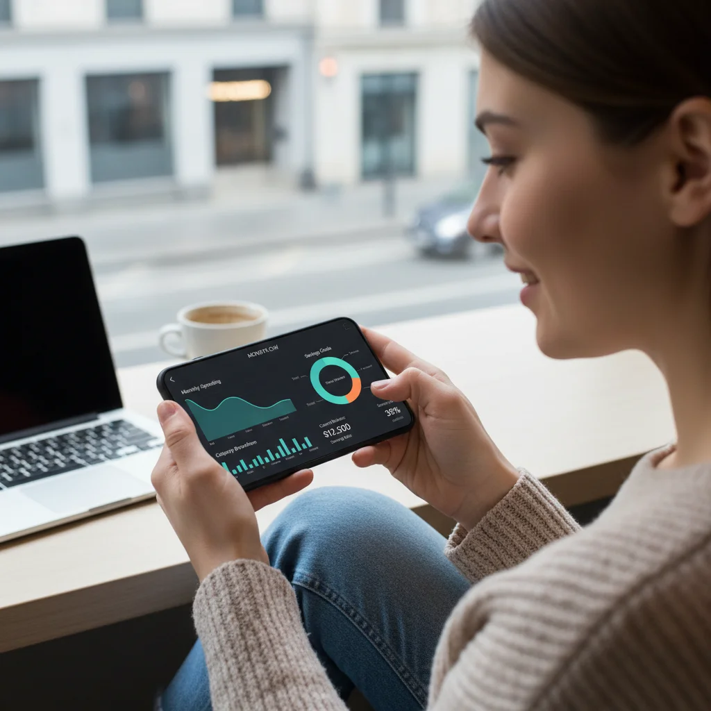 Person tracking finances on a smartphone app, visualizing spending and savings.