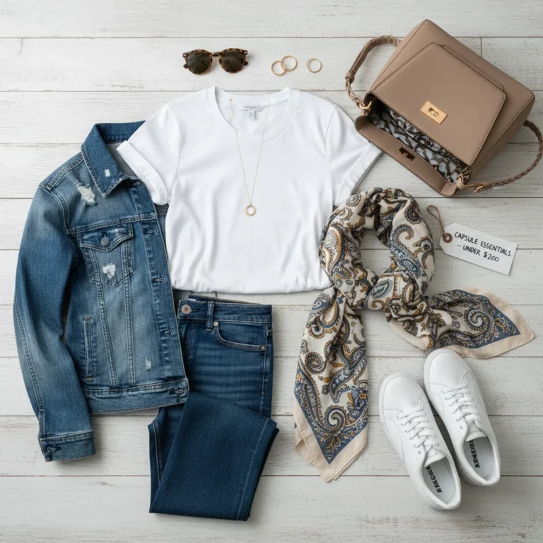 Stylish and affordable clothing items arranged for a frugal wardrobe capsule