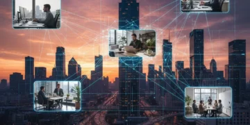 City skyline with remote workers and digital connections, representing the future of work in 2026.