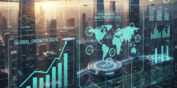 Futuristic cityscape with financial data overlays, representing high-growth investment sectors in 2026.