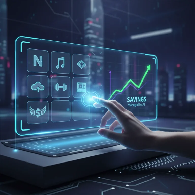 Futuristic dashboard showing subscription management and financial savings