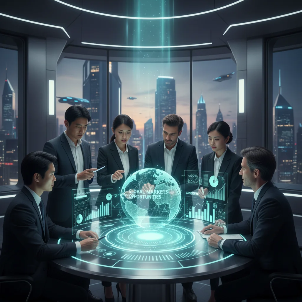 Professionals analyzing global market data on a holographic display for strategic investment decisions.