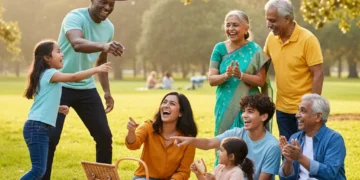 Happy family enjoying outdoor picnic and games on a sunny day.