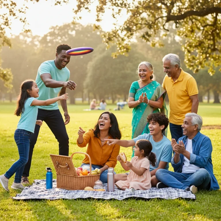 Happy family enjoying outdoor picnic and games on a sunny day.