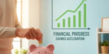 Person smiling while putting money into a piggy bank, symbolizing increased savings.