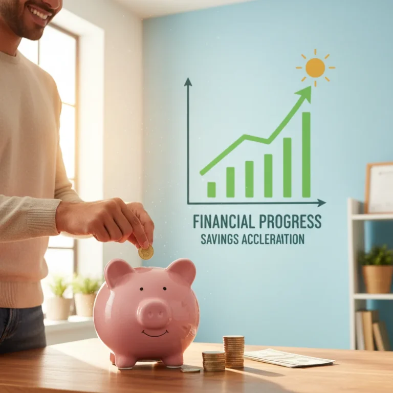 Person smiling while putting money into a piggy bank, symbolizing increased savings.