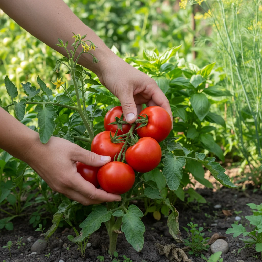 Hands harvesting ripe red tomatoes from a home garden