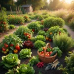 Lush home garden with fresh vegetables and a basket of harvested produce