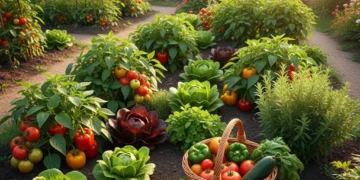 Lush home garden with fresh vegetables and a basket of harvested produce