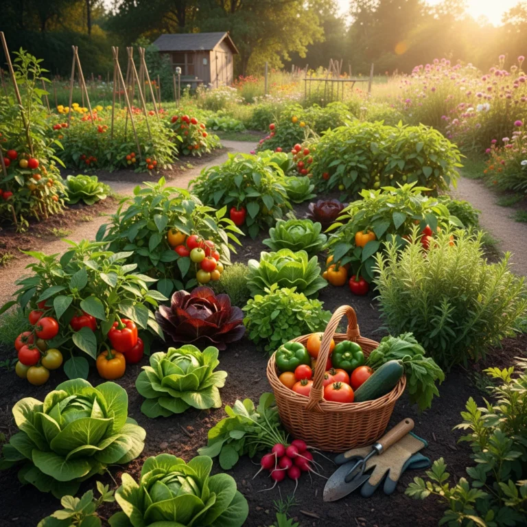 Lush home garden with fresh vegetables and a basket of harvested produce