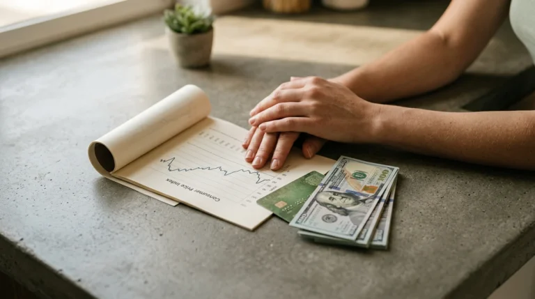 Hands resting on a counter with a Consumer Price Index chart and a credit card, symbolizing economic trends and their impact on household budgets.