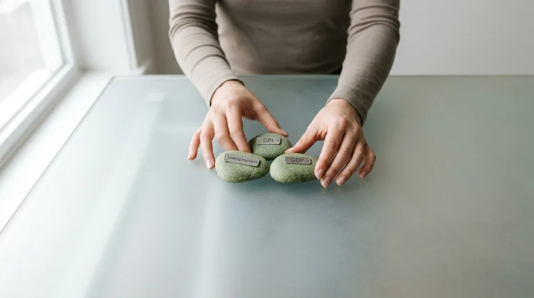 A person's hands thoughtfully arranging three green stones labeled 'CPI', 'Unemployment', and 'GDP' on a frosted glass surface, representing economic indicators.
