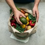 A person's hands carefully placing an avocado into a reusable shopping bag filled with fresh produce, on a concrete counter with a grocery receipt, illustrating the impact of economic shifts on household budgets.