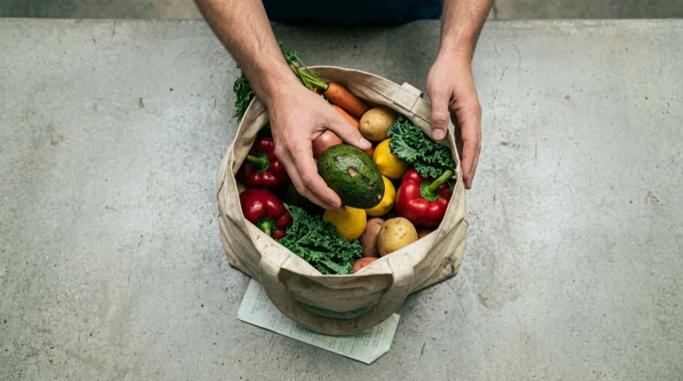 A person's hands carefully placing an avocado into a reusable shopping bag filled with fresh produce, on a concrete counter with a grocery receipt, illustrating the impact of economic shifts on household budgets.