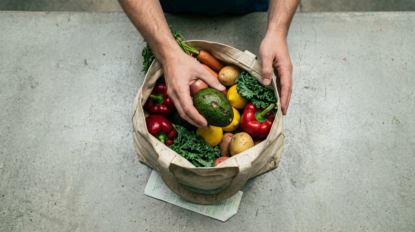 A person's hands carefully placing an avocado into a reusable shopping bag filled with fresh produce, on a concrete counter with a grocery receipt, illustrating the impact of economic shifts on household budgets.