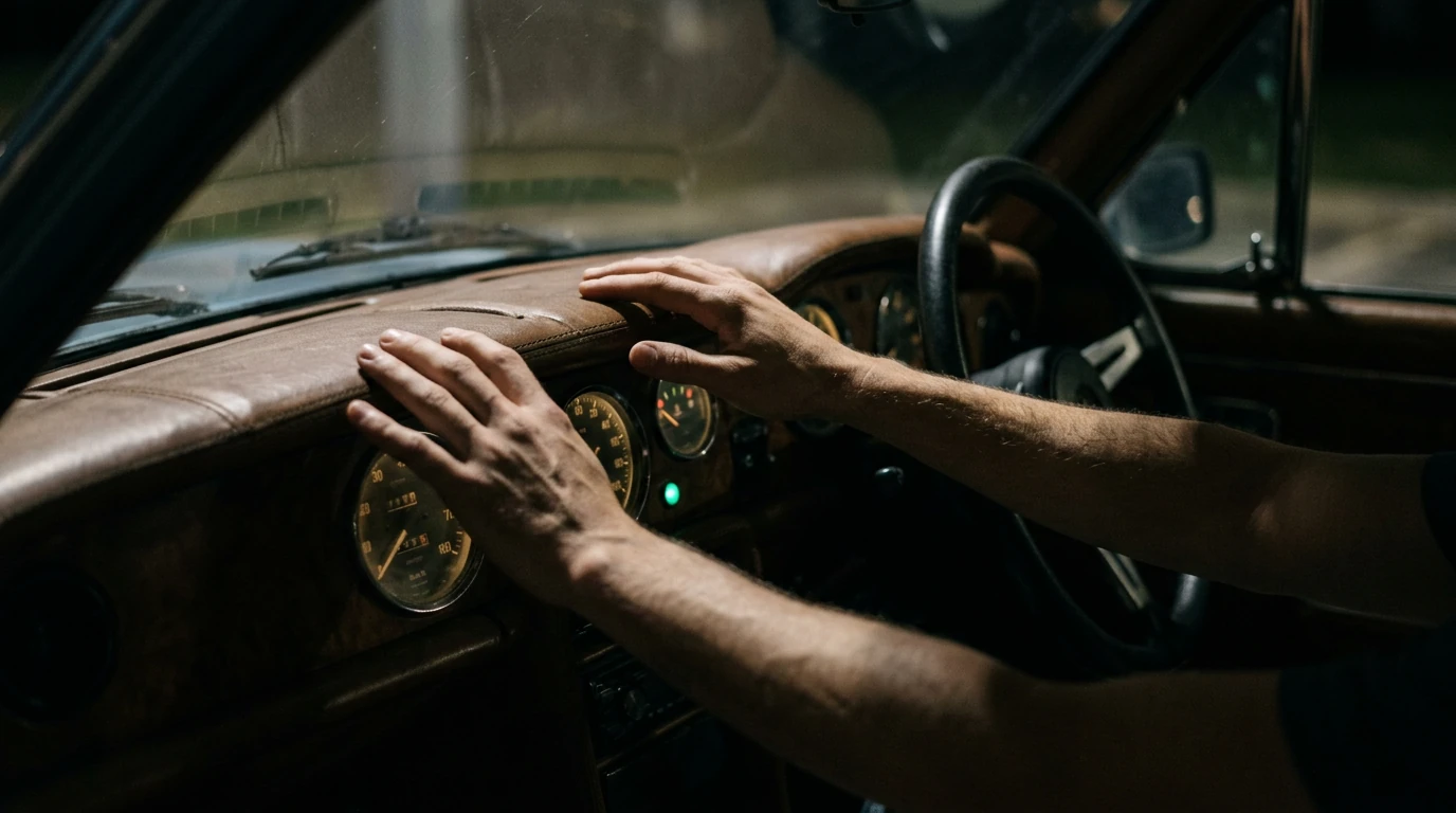 A person's hands on a vintage car dashboard with analog gauges, symbolizing economic indicators for financial navigation.