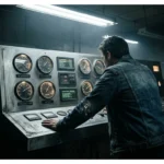 A person, back to camera, observing a detailed industrial control panel displaying economic indicators like inflation and employment rates, under harsh overhead lighting.