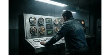 A person, back to camera, observing a detailed industrial control panel displaying economic indicators like inflation and employment rates, under harsh overhead lighting.
