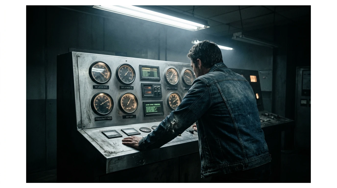 A person, back to camera, observing a detailed industrial control panel displaying economic indicators like inflation and employment rates, under harsh overhead lighting.