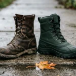 A worn, scuffed work boot standing next to a new, sturdy dark green winter boot on a cracked concrete sidewalk, illustrating the 'buy cheap, buy twice' trap in frugal living.