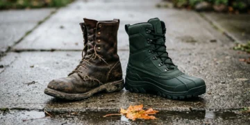A worn, scuffed work boot standing next to a new, sturdy dark green winter boot on a cracked concrete sidewalk, illustrating the 'buy cheap, buy twice' trap in frugal living.