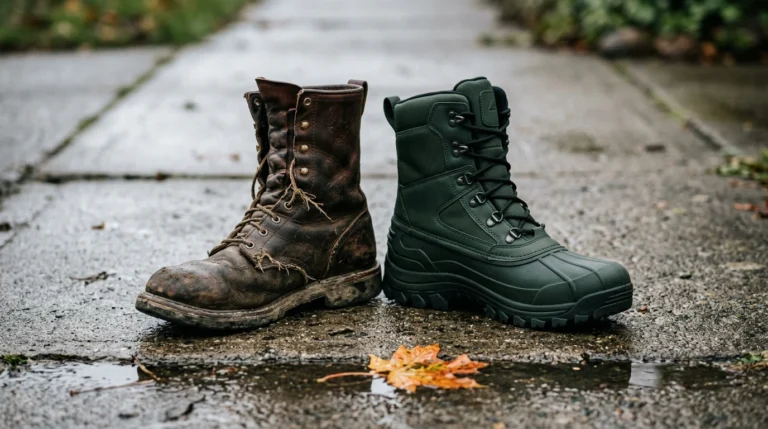 A worn, scuffed work boot standing next to a new, sturdy dark green winter boot on a cracked concrete sidewalk, illustrating the 'buy cheap, buy twice' trap in frugal living.