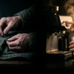 Two hands under dramatic chiaroscuro lighting, one mending a green canvas jacket and the other using an espresso machine, symbolizing frugal living versus smart spending.