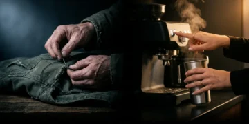 Two hands under dramatic chiaroscuro lighting, one mending a green canvas jacket and the other using an espresso machine, symbolizing frugal living versus smart spending.