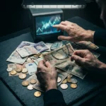 The Behavioral Science of Wealth: Decoding Economic Trends for Smarter Decisions Hands examining diverse banknotes and coins on a slate table, with a magnifying glass and a flickering market trend graph in the background, illustrating cognitive biases in financial decision-making.