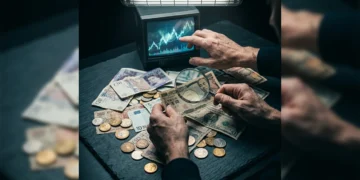 Hands examining diverse banknotes and coins on a slate table, with a magnifying glass and a flickering market trend graph in the background, illustrating cognitive biases in financial decision-making.