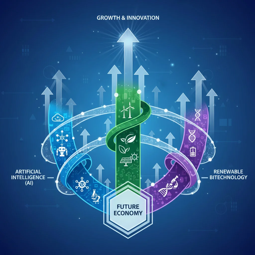 Infographic depicting interconnected high-growth sectors like AI, biotech, and renewable energy.