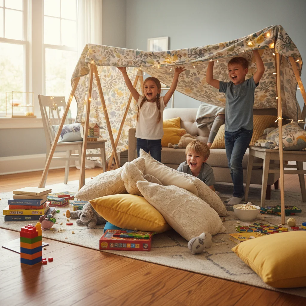 Kids building an elaborate blanket fort in a living room.