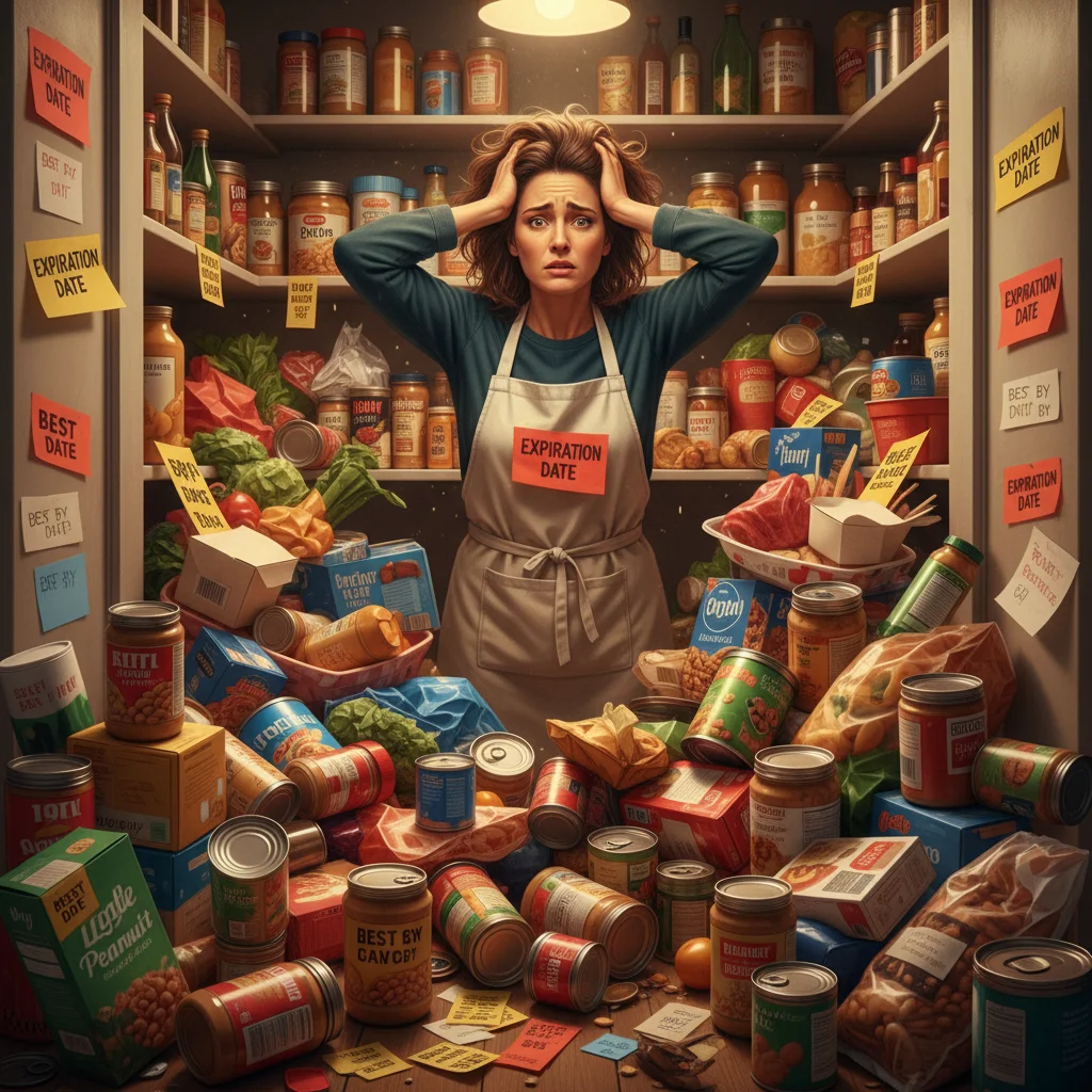 Person in an overflowing pantry, overwhelmed by excessive and potentially wasted food items