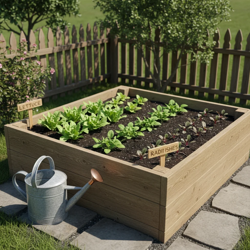 Organized raised garden bed with young vegetable plants and labels