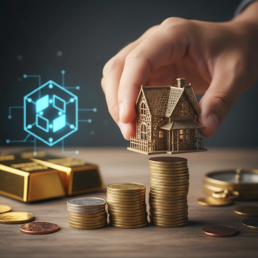 Hand placing miniature house on coins, symbolizing real estate investment