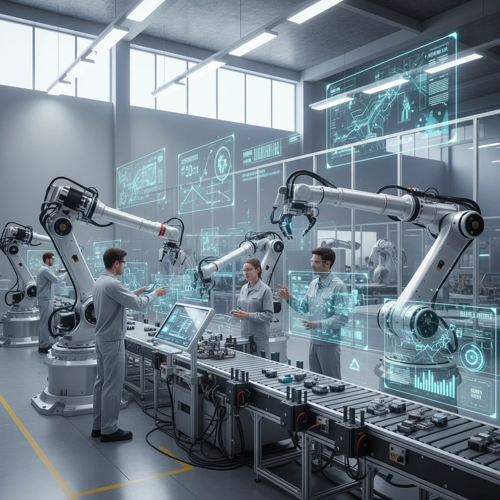 Robotic arms collaborating with humans in an advanced manufacturing facility